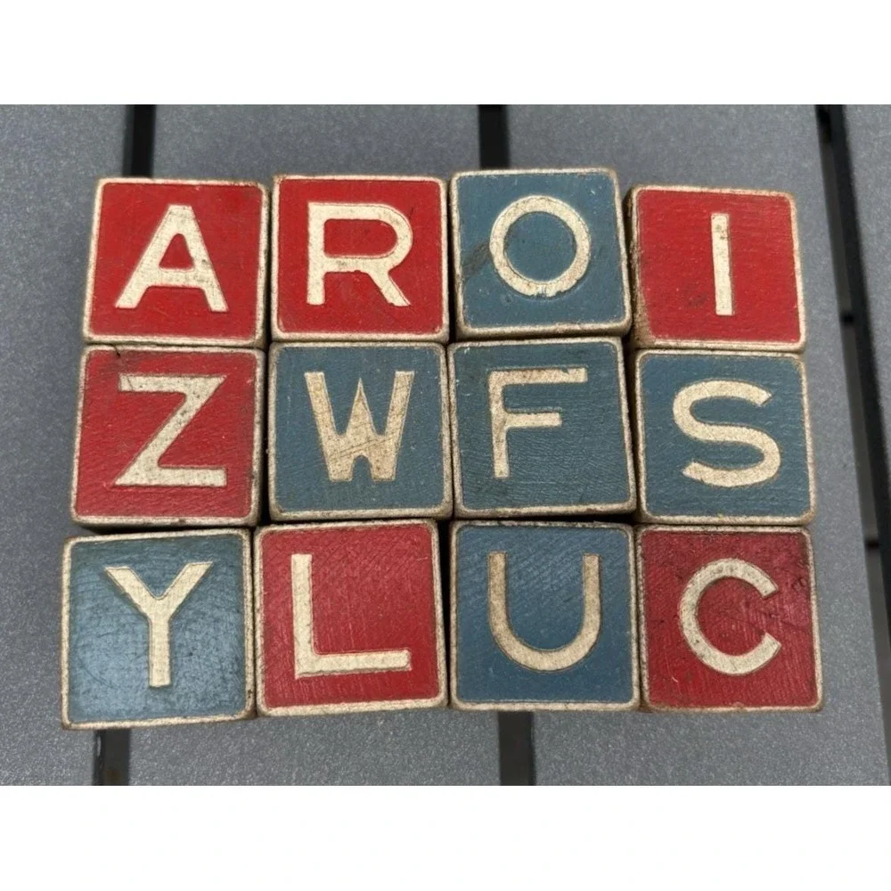Vintage wood alphabet building blocks letters object animals pictures 1950's
